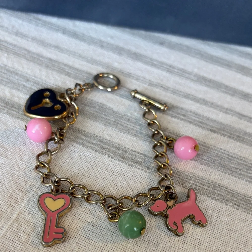 Kids Pink Key & Puppy Charm Bracelet - Gold Chain